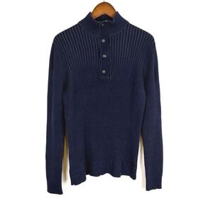 Express Men's Sweater‎ Size L Navy Blue 1/4 Zip and Snap Ribbed Stretch Fitted